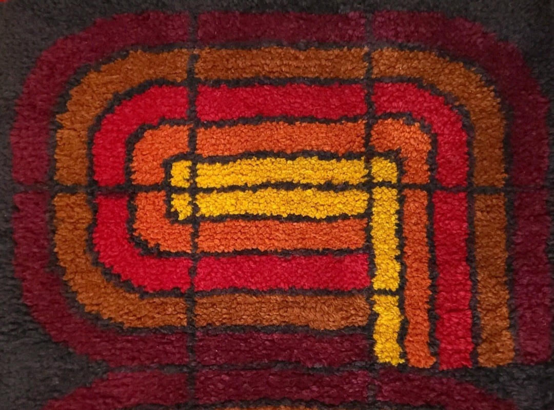 Handmade wool Rug brown red orange yellow Pop Art 60s 70s vintage Mid Century gallery