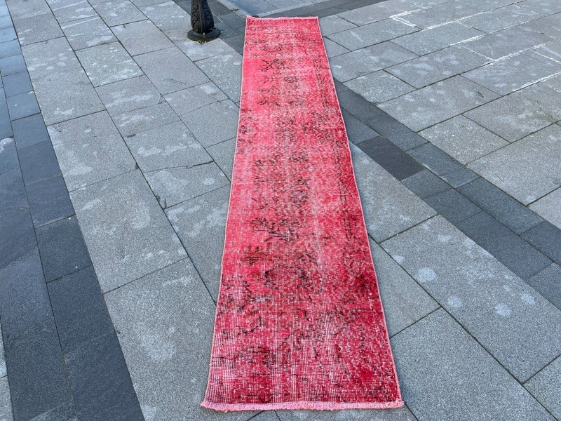 Overdyed 1.7x9.2 ft Vintage Turkish Runner Rug – Red Distressed Hallway gallery