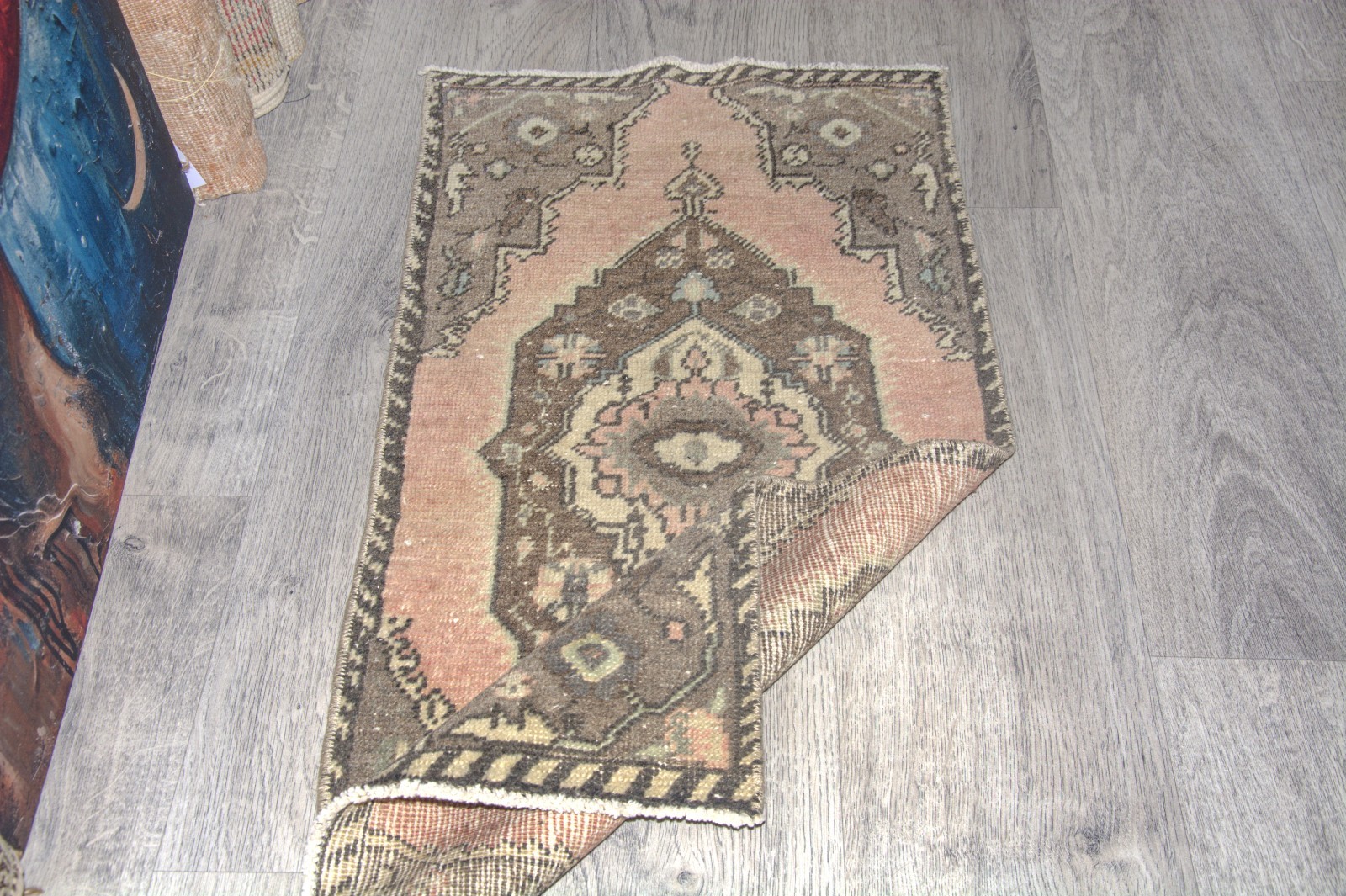 Vintage Turkish Small Rug 1'5x3'2 ft, Small Tribal Oushak Rug, Coral Orang Brown gallery