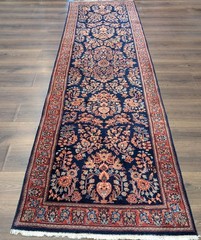 Indo Per’sian Sarouk Mohajaran Runner 3 x 9.4, Navy Blue, Floral