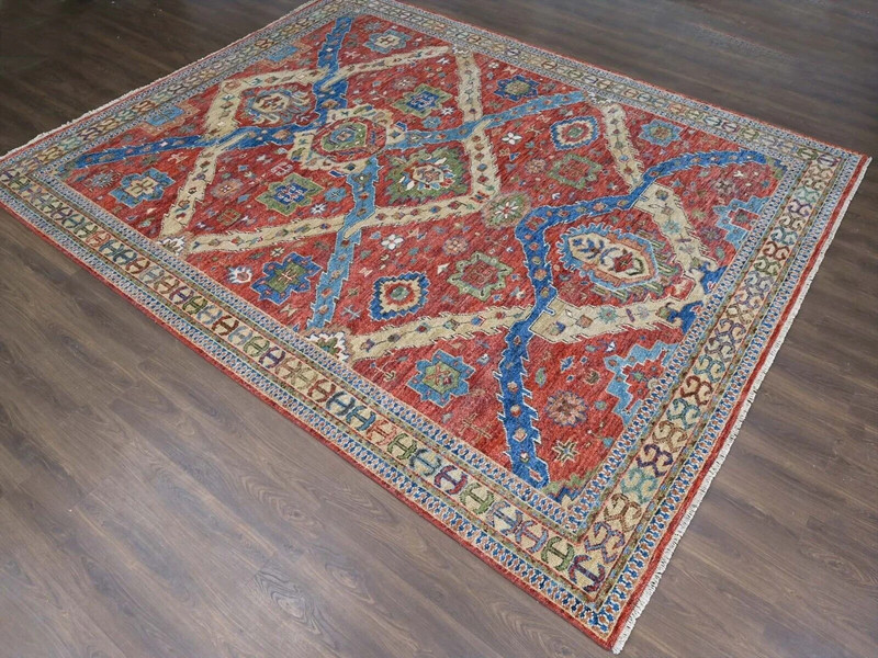 12'0" x 14'10" Coral Red with Touches of Blue and Green, Heriz Design Rug gallery
