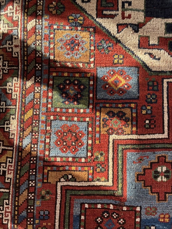 Antique 5 X 7 Kazak Lori Pambok Rug C. 1890 Brick Navy Sky Blue Moss Ivory Brass gallery