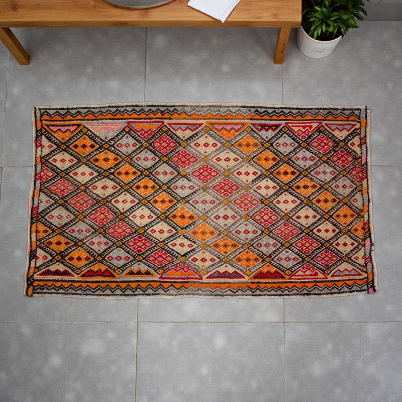 Handmade Kilim Rug Embroidered Turkish Rug Small Rug Wool DoorMat 1'9" x 3'1" gallery