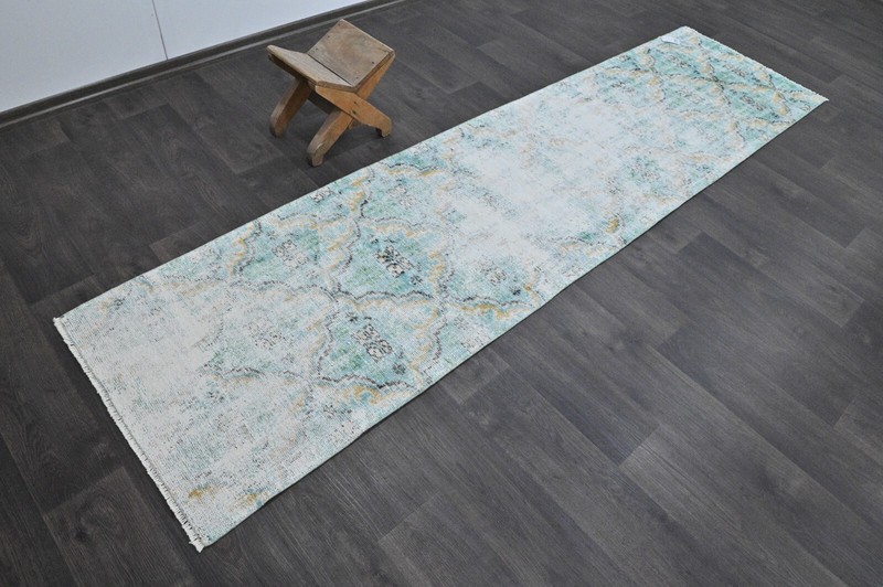 Vintage Turkish Runner Rug 2x9ft Wool Anatolian Handmade Hallway Oushak BLUE gallery