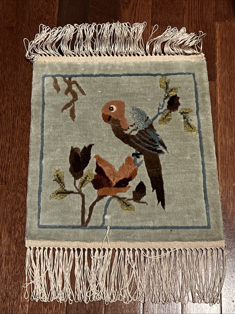 Chinese Silk Parrot Bird on Branch Rug Wall Hanging 12” X 13” Dresser Pad