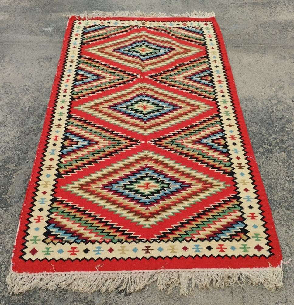 Vintage Handmade Turkish Geometric Wool Kilim Rug Carpet 196x113 cm