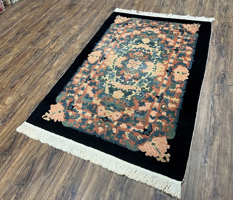 Chinese Art Deco Rug 3x5 Black Beige Carpet 3 x 5 Vintage Floral Handmade Wool gallery