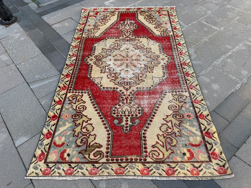 Vintage Turkish Wool Rug 4.4x7.4 Ft Red Ivory Geometric Handmade Carpet gallery