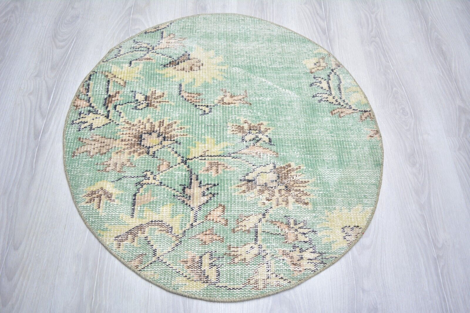 Green Vintage Handmade Door Mat, 2.6ft Round Entry Mat, Turkish Green Round Rug, gallery