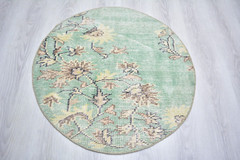 Green Vintage Handmade Door Mat, 2.6ft Round Entry Mat, Turkish Green Round Rug,