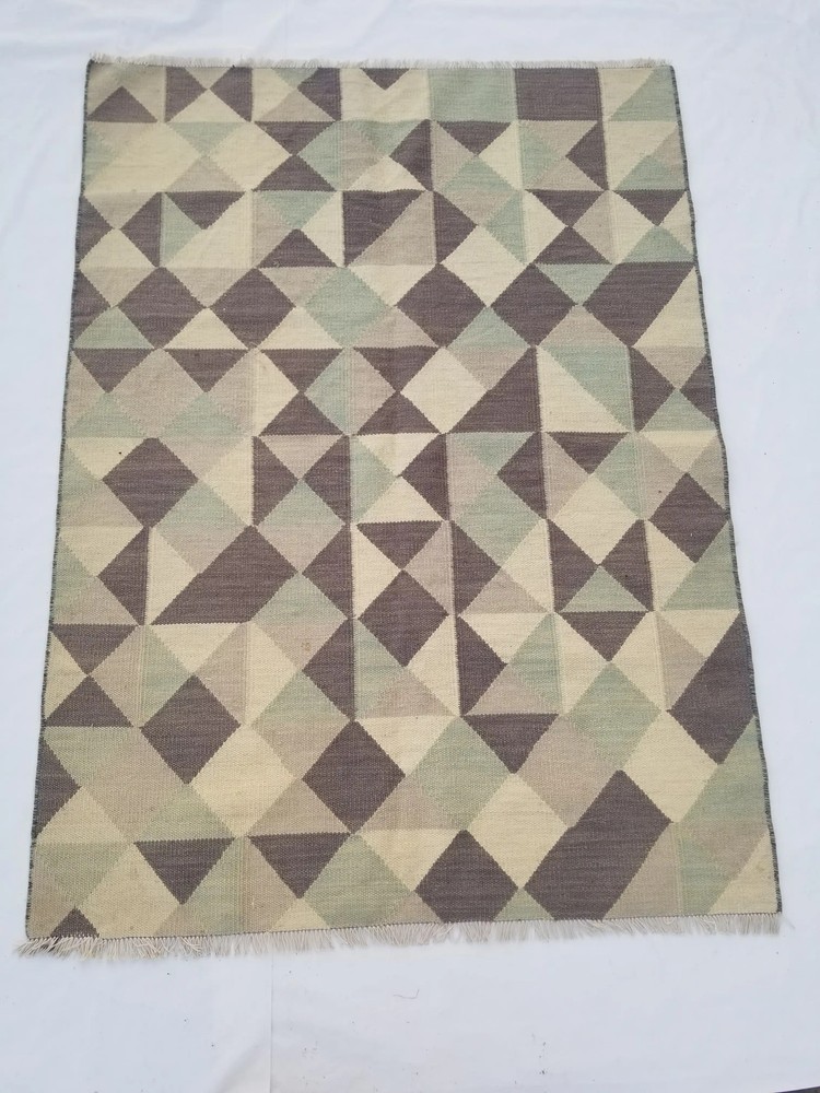 Vintage Handmade Traditional Geometric Cyan Beige Kilim Rug Carpet 216x159cm