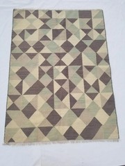 Vintage Handmade Traditional Geometric Cyan Beige Kilim Rug Carpet 216x159cm