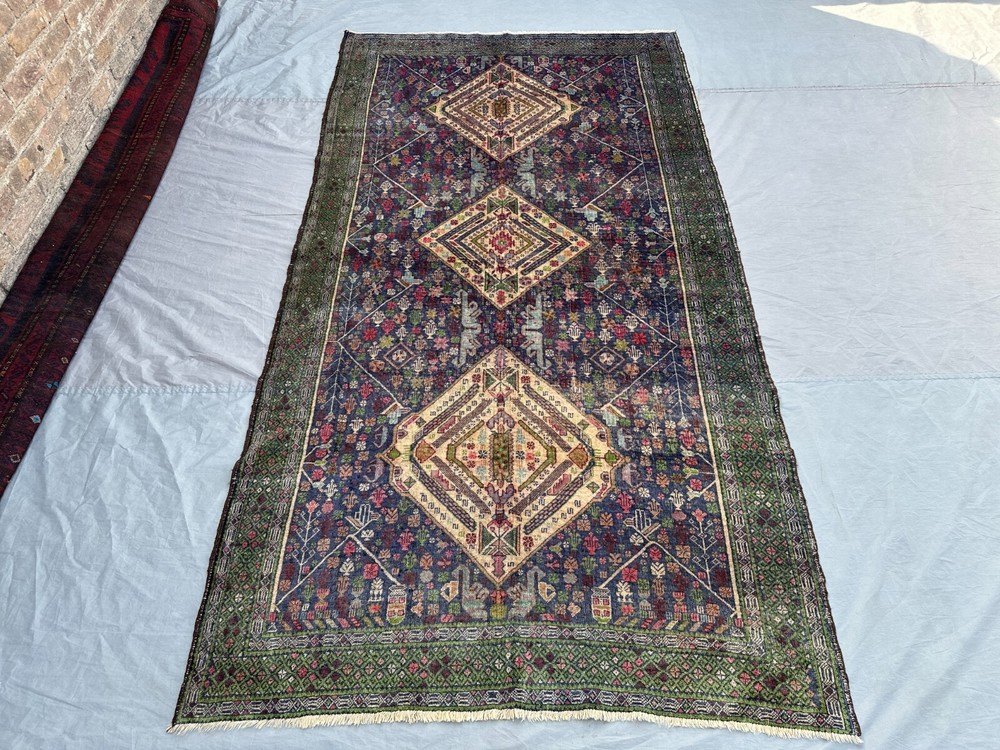 Vintage Afghan Baluchi Rug 4'7x9 ft – Distressed No Pile Tribal Wool Area Carpet