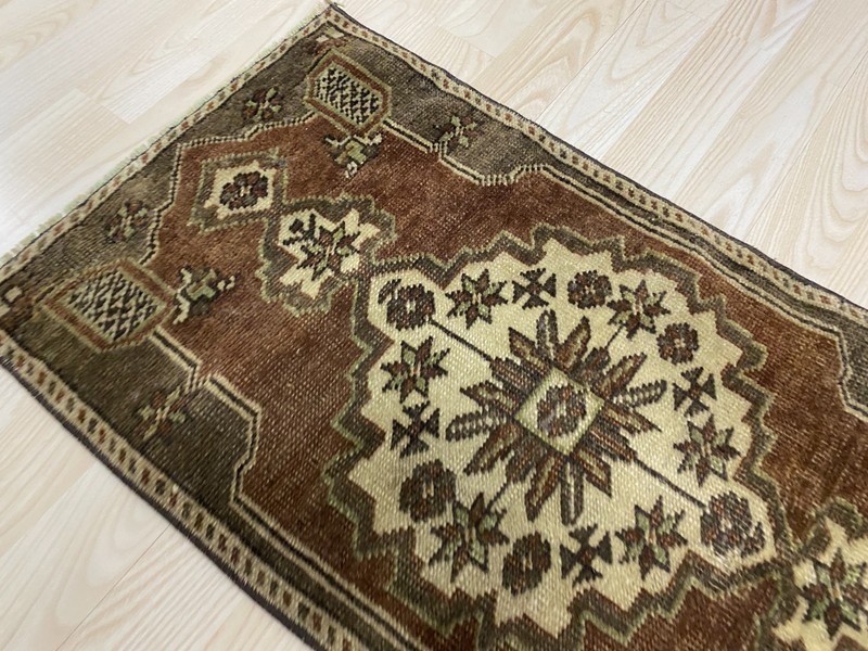 Antique Turkish Rug 1.3x2.5 ft Vintage Brown Cream Star Medallion Wool Boho Mat gallery