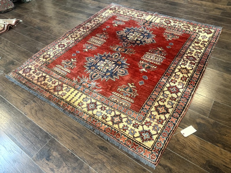 Square Turksih Rug 6x6 Azerbaijani Azeri Armenian Carpet Red Tan Blue Geometric gallery
