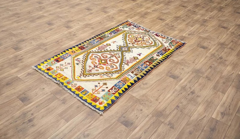 Semi-Antique Handmade Tribal Pictorial Oriental Rug Cream Entryway Carpet 3x6 Ft gallery