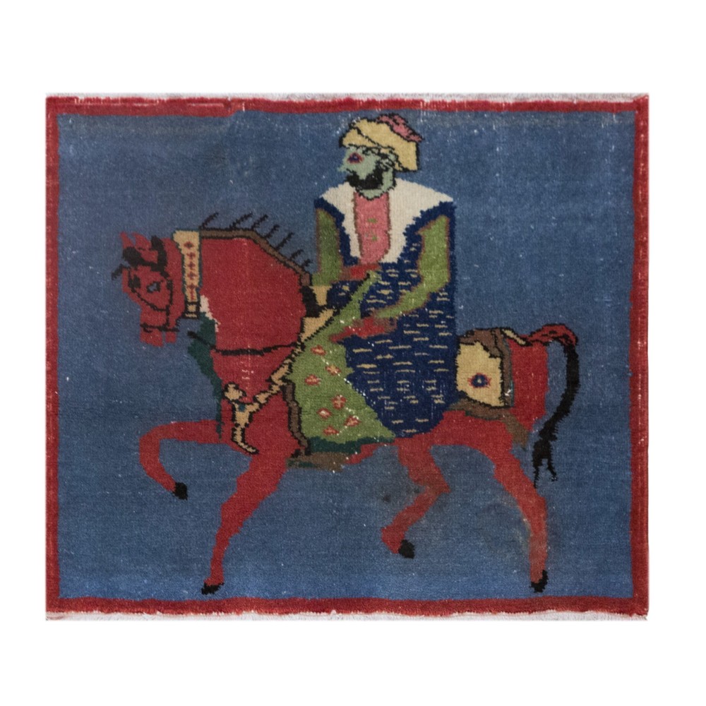 60+ Yr Old Vintage Turkish Rug | Figurative Horseman Decor | 74x90 cm, 2'5"x2'11