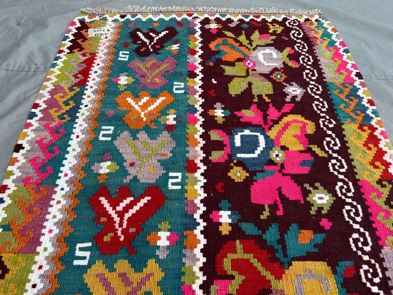 3x6'10 ft Vintage Caucasian Kilim Flatweave Wool Floral Botanical Two Panel Rug gallery