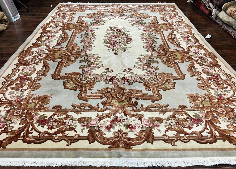 Aubusson Rug 10x13 Cream Mint Green Handmade French European Wool Pile Large Rug