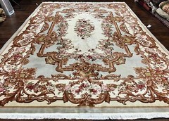 Aubusson Rug 10×13 Cream Mint Green Handmade French European Wool Pile Large Rug