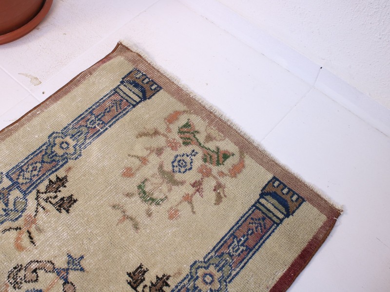2.0x4.4 ft Turkish Handmade Door Mat Rug | Beige Blue Vintage Small Carpet gallery