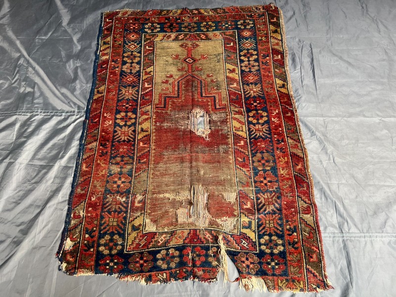 Antique Turkish Prayer Rug Distressed Low Pile Anatolian Seccade Vintage 3x4.3FT gallery