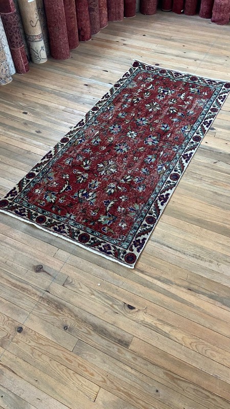 Handmade Red Vintage Oushak Carpet: 3.1x6.6 ft Turkish Floral Pattern Rug gallery