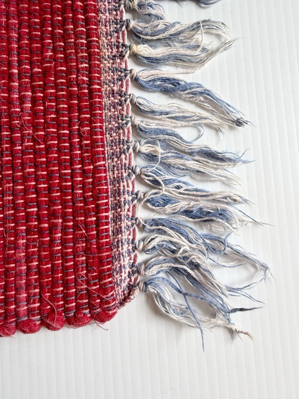 Vintage Small Woven Rag Rug, Red w/ Blue Fringe 13x22” Boho MCM gallery