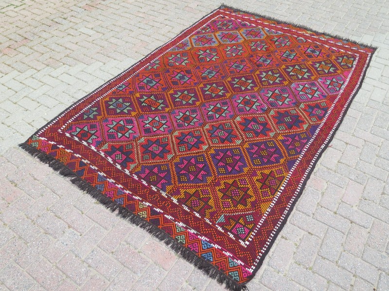 Turkish Kilim Boho Rugs, Handmade Floor Carpet, Multicolor Large Kelim 71"X104" gallery