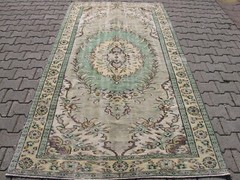 Muted Turkish Rug 4.9×8.5,Vintage Wool Distressed Oushak Oriental Green Carpet