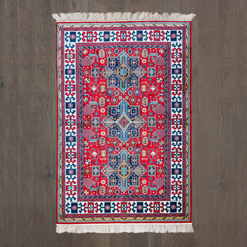"Akstafa" Blue on red silk carpet gallery