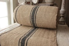 Vintage table / STAIR RUNNER grain sack fabric yardage blue stripe linen 1yd