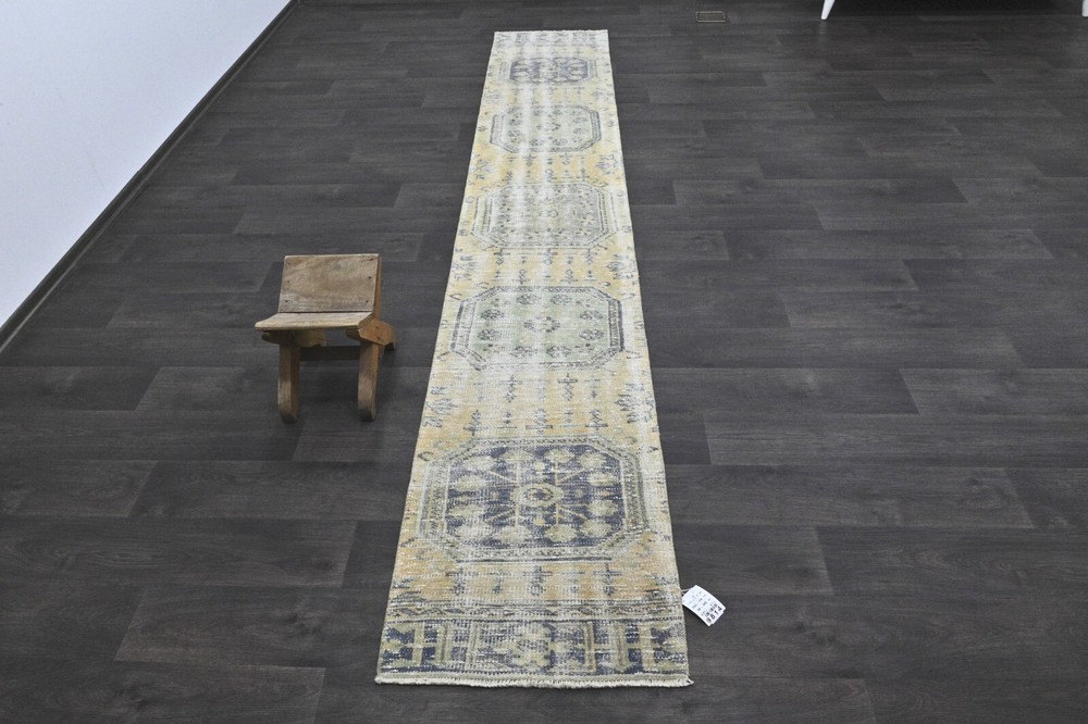 Vintage Turkish Runner Rug 2x11ft Wool Anatolian Handmade Hallway Oushak YELLOW