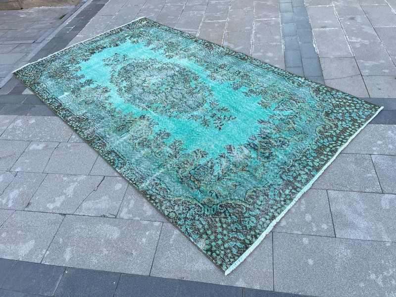 Vintage Turkish Oushak Overdyed Rug 5.5x9.8 ft Turquoise Teal Distressed gallery