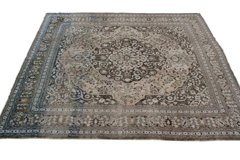 Rare Antique Handmade Wool Rug 10x13 Beige Floral Medallion Design circa 1880 gallery