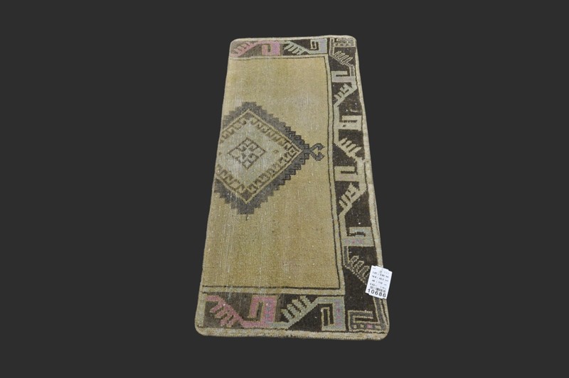 TAN Turkish Oushak Rug 1x4 Vintage Handmade Anatolian Small Doormat Kilim gallery