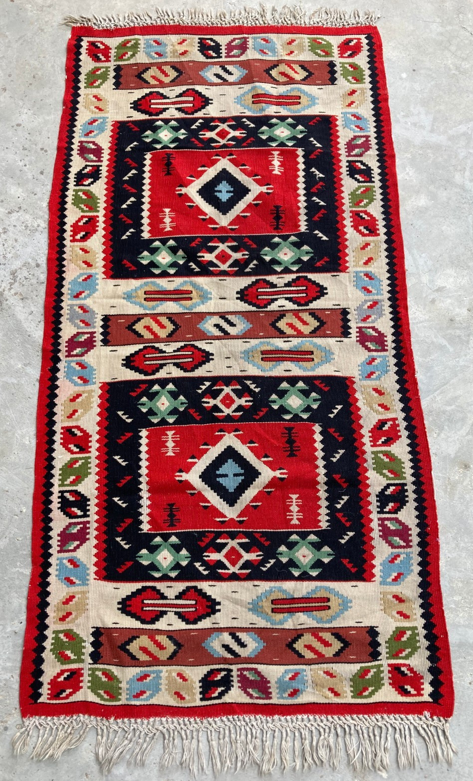 Vintage Handmade Turkish Geometric Tribal Wool Kilim Runner Rug 132x65 cm gallery