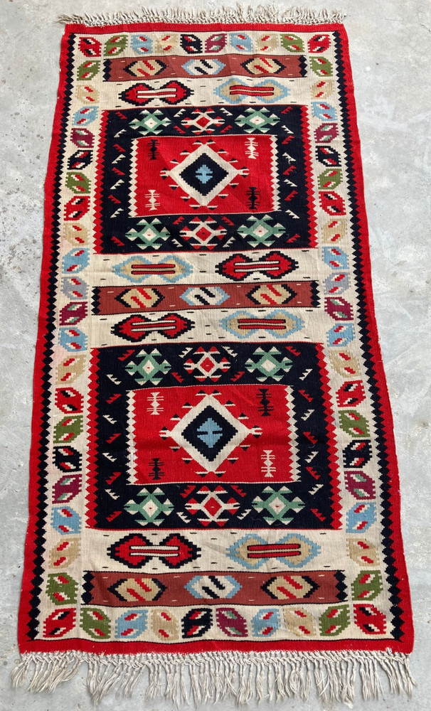 Vintage Handmade Turkish Geometric Tribal Wool Kilim Runner Rug 132x65 cm