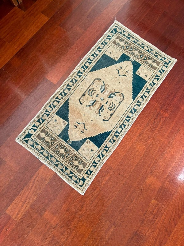 Anatolian 2x4 Accent Runner Blue Cream Brown Wool Vintage Hand Knotted Rug gallery