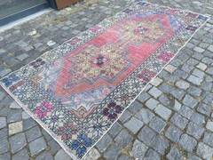 Vintage Turkish Rug, Hand-Knotted Wool, Pink Blue Muted Boho Runner Area Rug