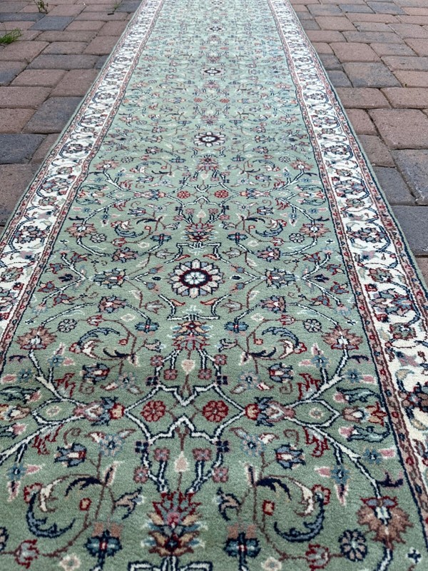 Top Quality Vintage Mint Green Oriental Handmade Runner, Floral Design, 3'x13' gallery