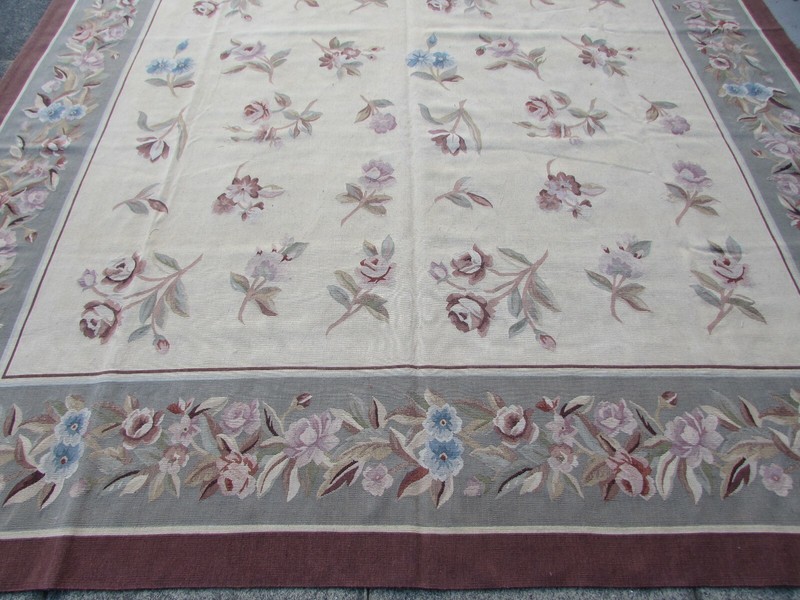 Vintage Hand Made French Design Wool Brown Beige Original Aubusson 373X277cm gallery