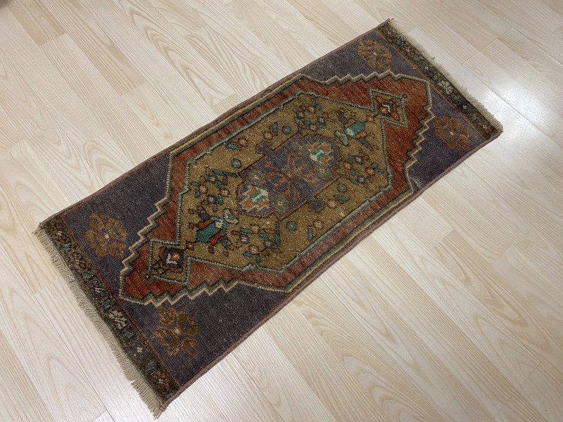 Antique Turkish Rug 1.2x2.8 ft Vintage Purple Rust Tribal Small Carpet Boho Mat gallery
