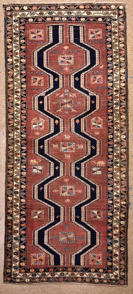 Hand Knotted Wool Hallway Runner Rug 4x11 Rust Tribal Geometric Ardebil Vintage