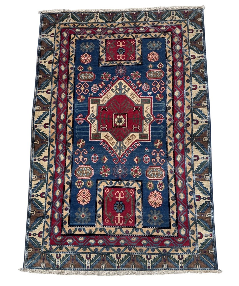 Antique Kazak Rug 4x5 Anatolian Hand-Made Tribal Geometric Area Rug 3.8x5.5 Ft