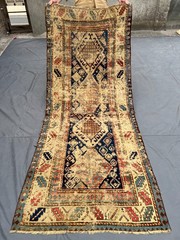 Cream Blue Distressed Low Pile Rug 3×8 ft Hand Knotted Turkish Runner Carpet