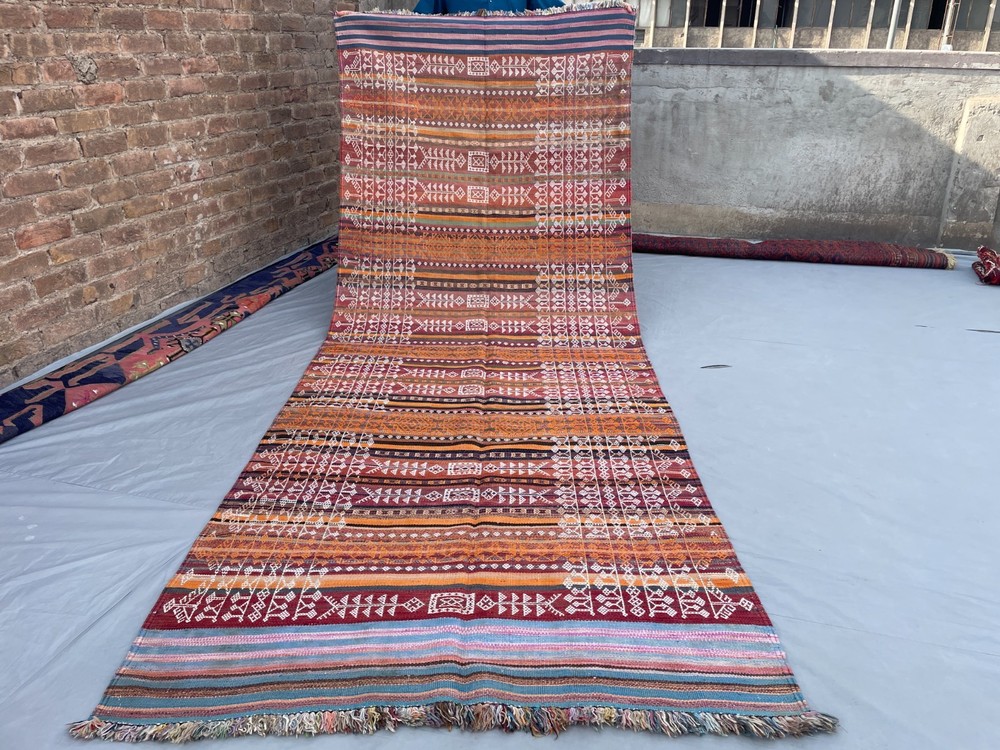 Vintage Afghan Baluchi Kilim Rug 4'2 x 10'10 ft Tribal Wool Geometric Runner