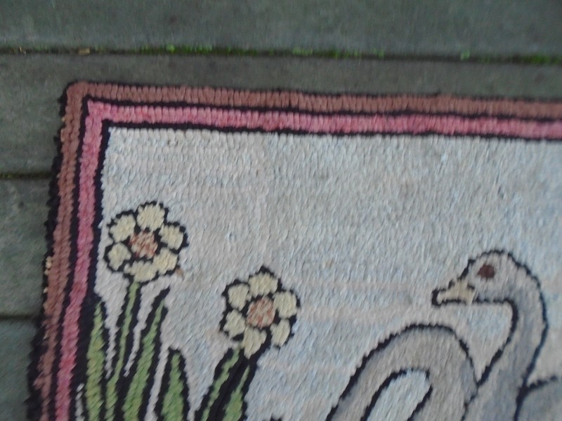 Vintage Folk Art Two Swans on Pond Hooked Rug 23" x 34 " gallery