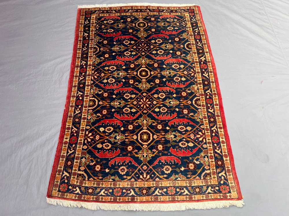 3'5x5'4 ft Vintage Caucasian Hand Knotted Wool Navy All Over Floral Lattice Rug