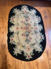 Hooked Wool Rug, Oval , Vintage Black, cream, Floral Pattern colors 33” X 53”